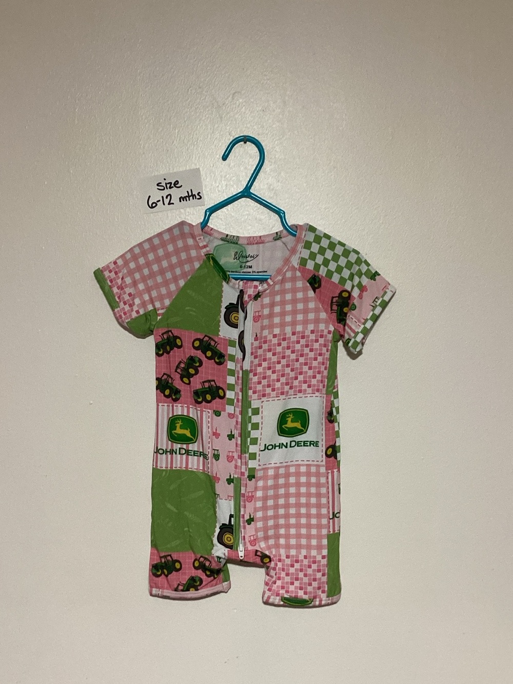 John Deere print Pink and Green Patchwork Baby One-Piece Bodysuit